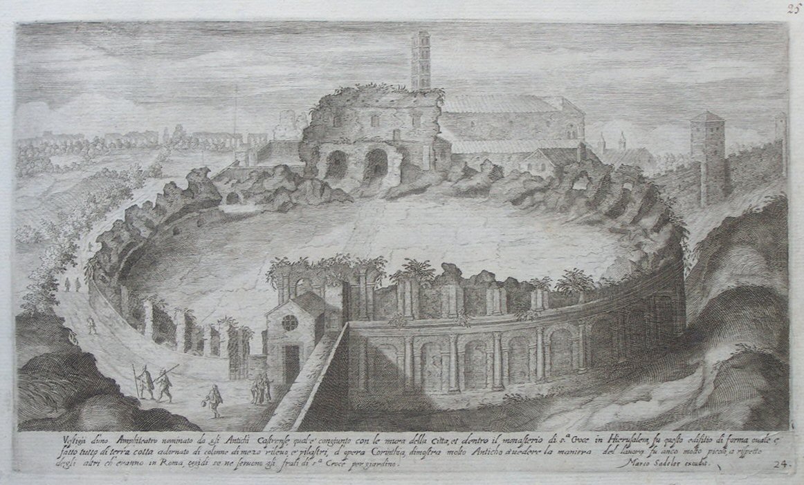 Print - Vestgii d’uno Amphiteatro nominato da gli Antichi Castrense, qual e’congiunto con le mura della citta, et dentro il monsterio di s.a Croce in Hierusalem, fu questo edifitio di forma ovale e, fatto tutto di terra cotta adornato di colonne di mezo rilevo, e’pilastri, d’opera Corinthia, dimostra molto Anticho a’ vedere la maniera del lavora fu anco molto picolo, a rispetto degli altri ch’eranno in Roma, oggidi se ne servono gli frati di sa Croce per giardino. - Sadeler